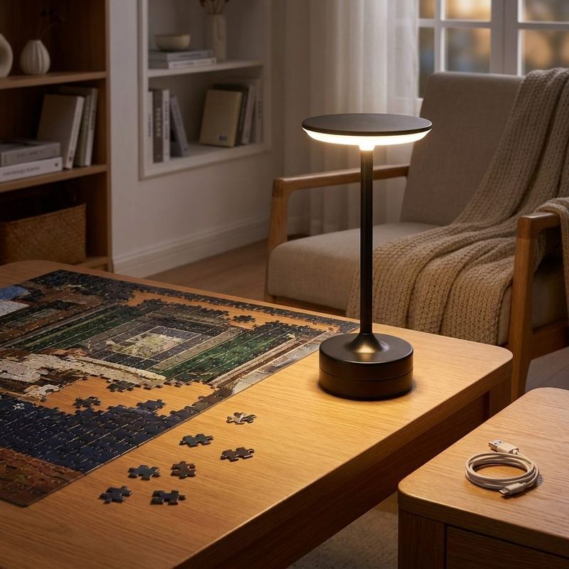 Black EMBAR cordless lamp beside a puzzle with no cord across the table