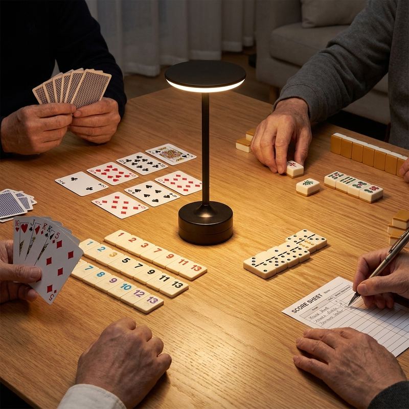 Black EMBAR lamp lighting cards tiles dominoes and score sheets while players keep playing