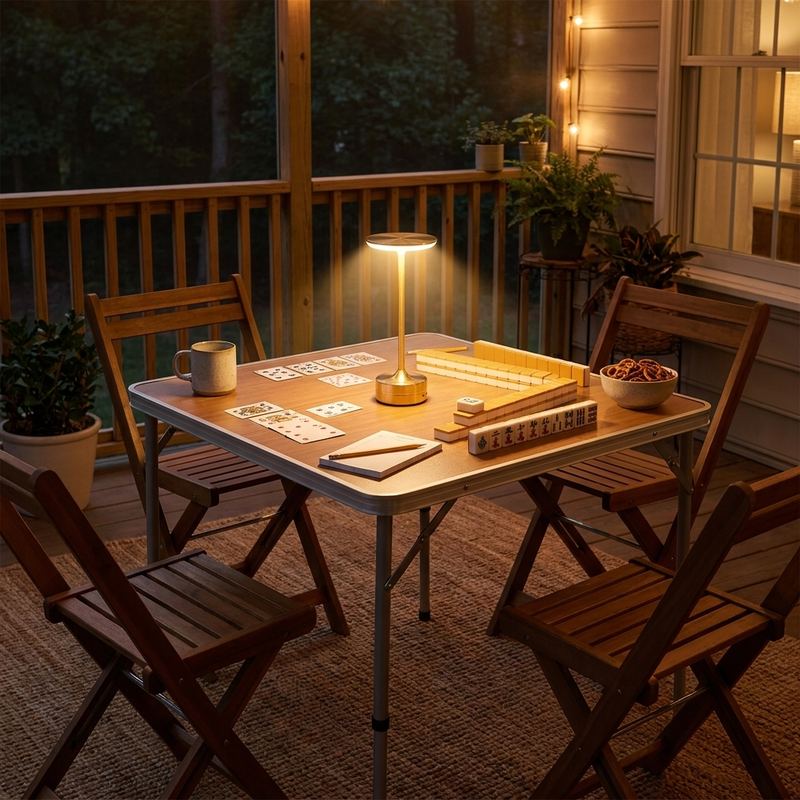 Gold EMBAR cordless lamp lighting a freestanding card table away from the wall