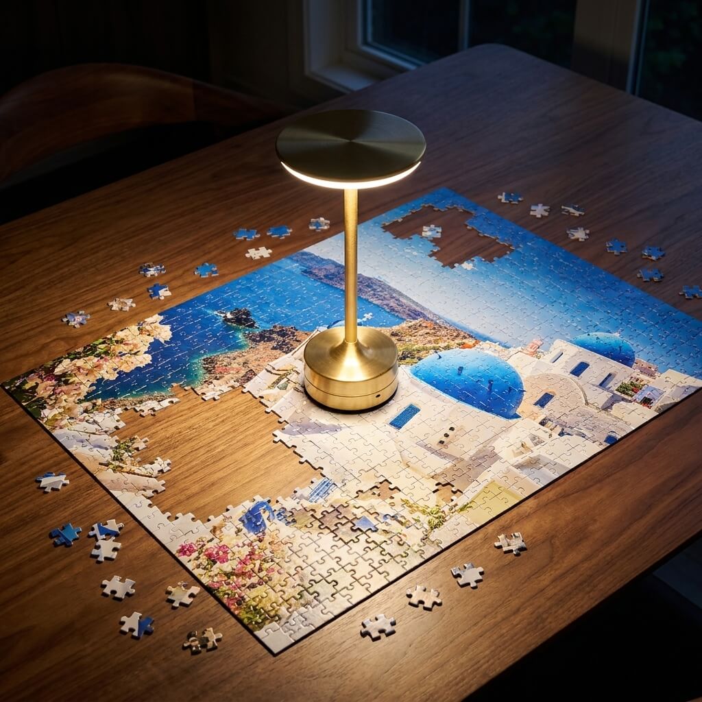 EMBAR lamp beside the puzzle, lighting from the side