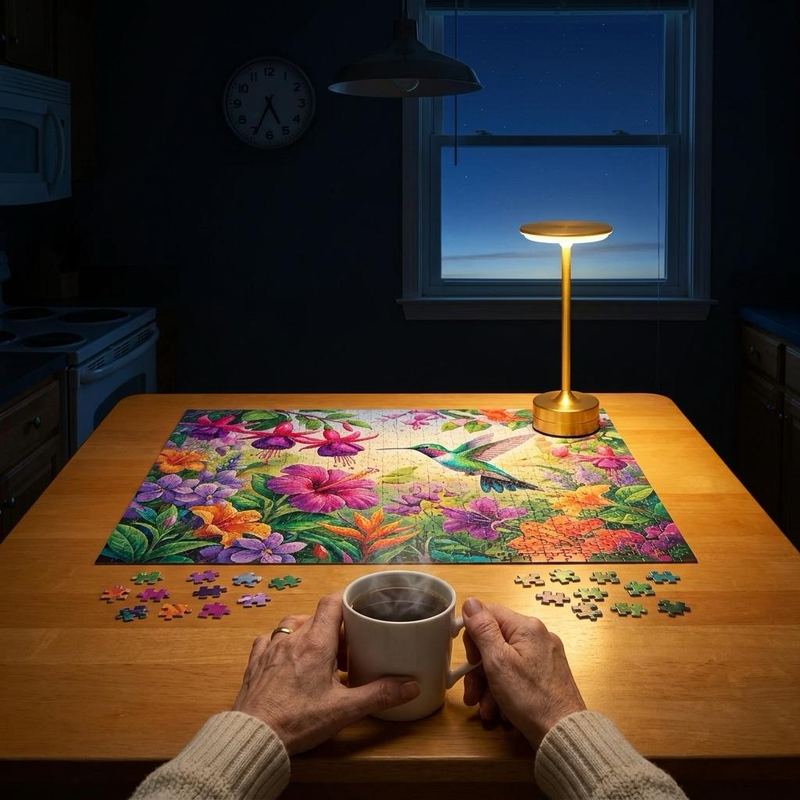 EMBAR lamp switched on beside a half-done puzzle and a coffee mug in a dark kitchen before sunrise