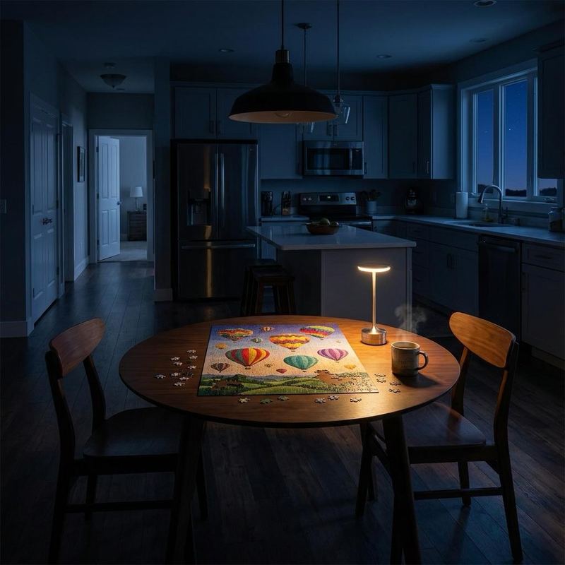 One warm pool of EMBAR light on a puzzle while the rest of the kitchen stays dark