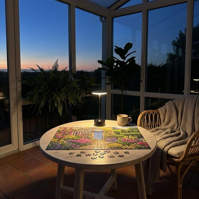 Cordless EMBAR lamp lighting a puzzle on a sunroom table at dawn, with no cord in sight