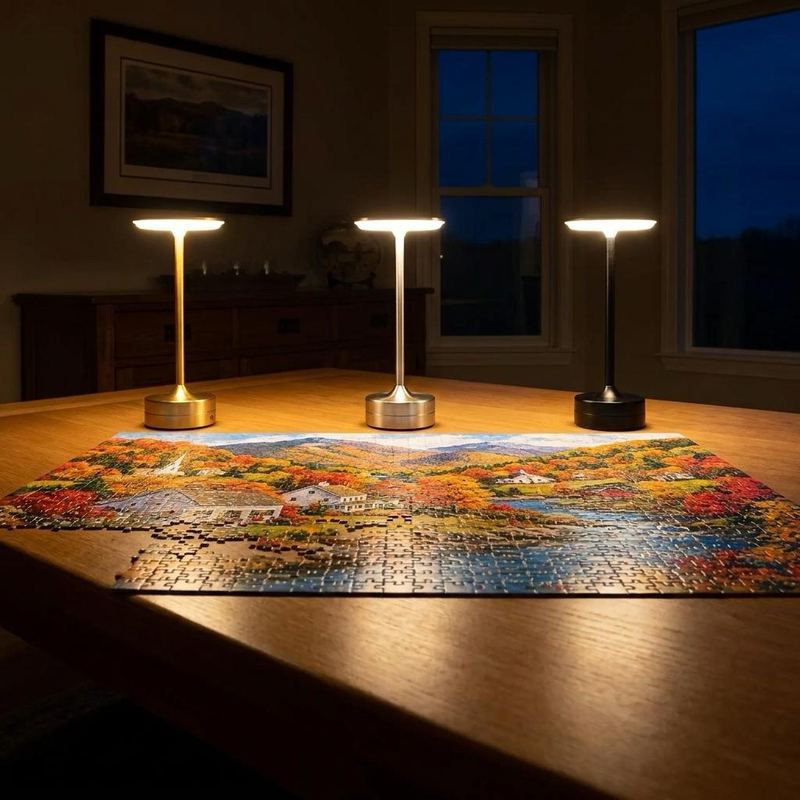 Gold, silver, and black EMBAR lamps switched on beside a puzzle on a wood table