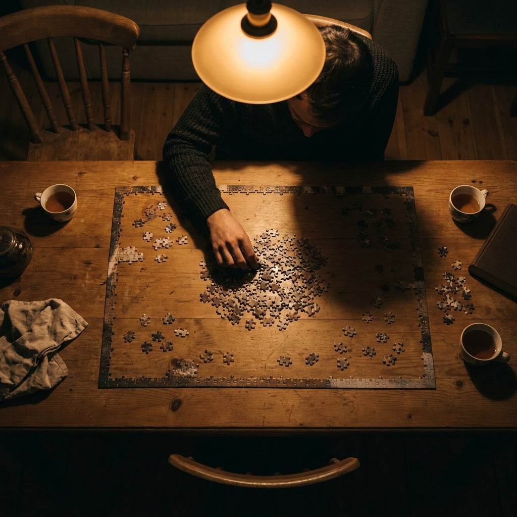Seen from above, an overhead ceiling light throws the puzzler's own body shadow across the exact pieces being reached for