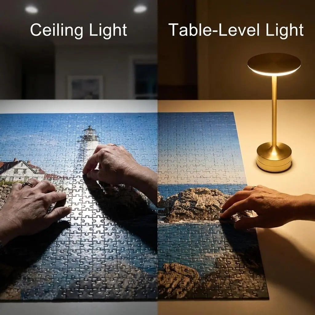 Overhead light glare on a glossy puzzle beside table-level light with no glare