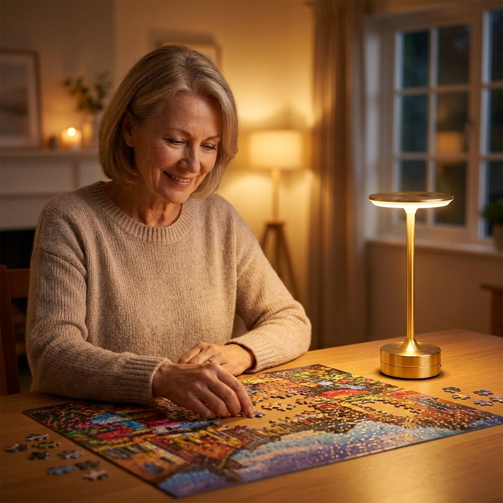 EMBAR cordless table light beside puzzle pieces at a puzzle table