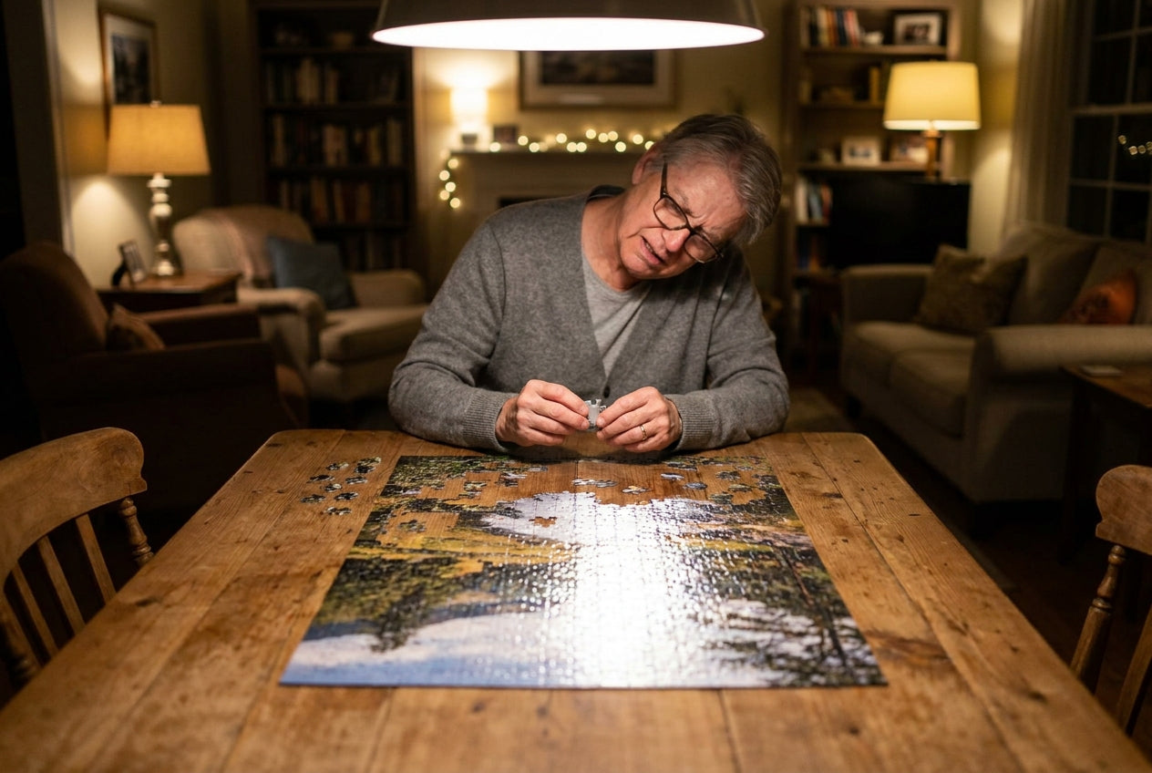A puzzler working a glossy jigsaw at night with harsh ceiling-light glare washing out the pieces
