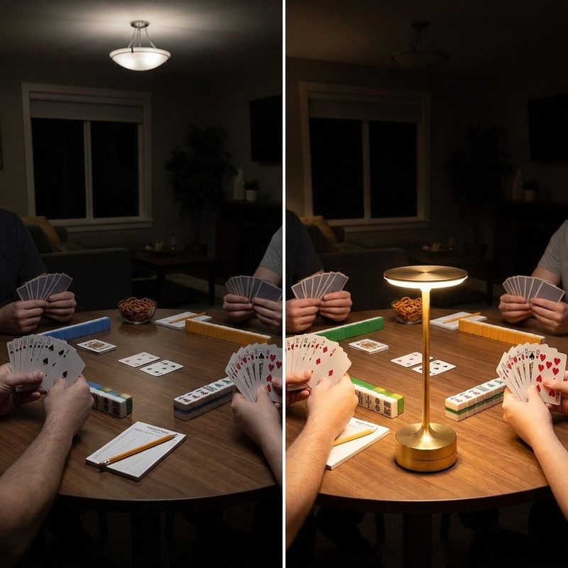 The same card table lit by the ceiling light only, and with EMBAR on the table