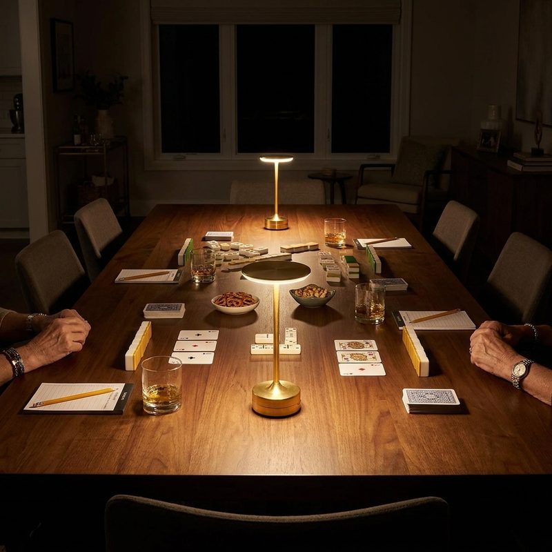 Two lit EMBAR lamps, one at each end of a long game table, with players mid-game