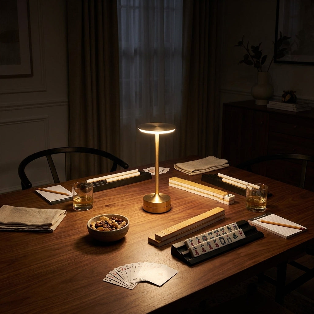 A warm hosted game night table with an EMBAR lamp near cards and tile games