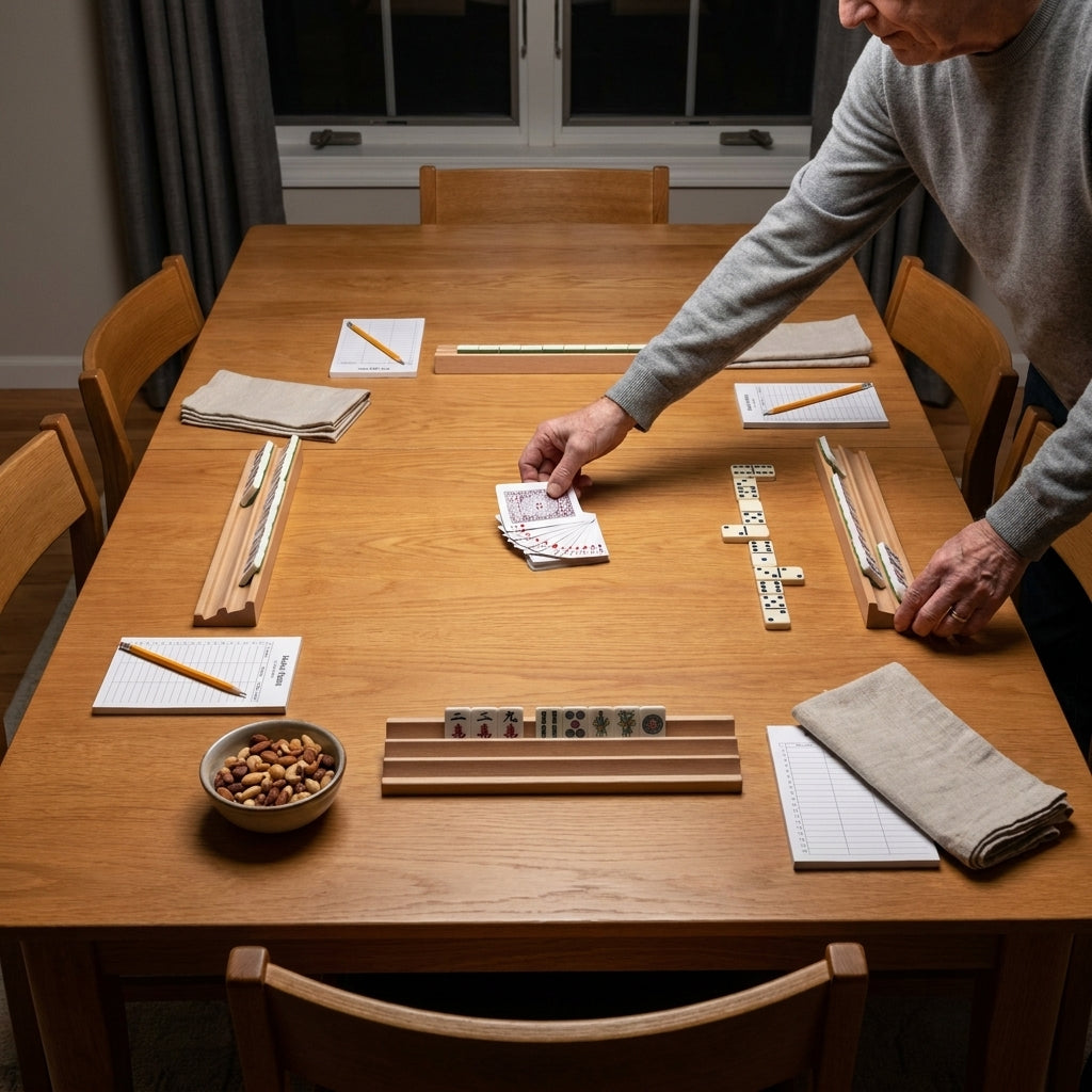 A host arranging cards, Mahjong racks, Dominoes, score pads, pencils, napkins, and snacks before guests arrive