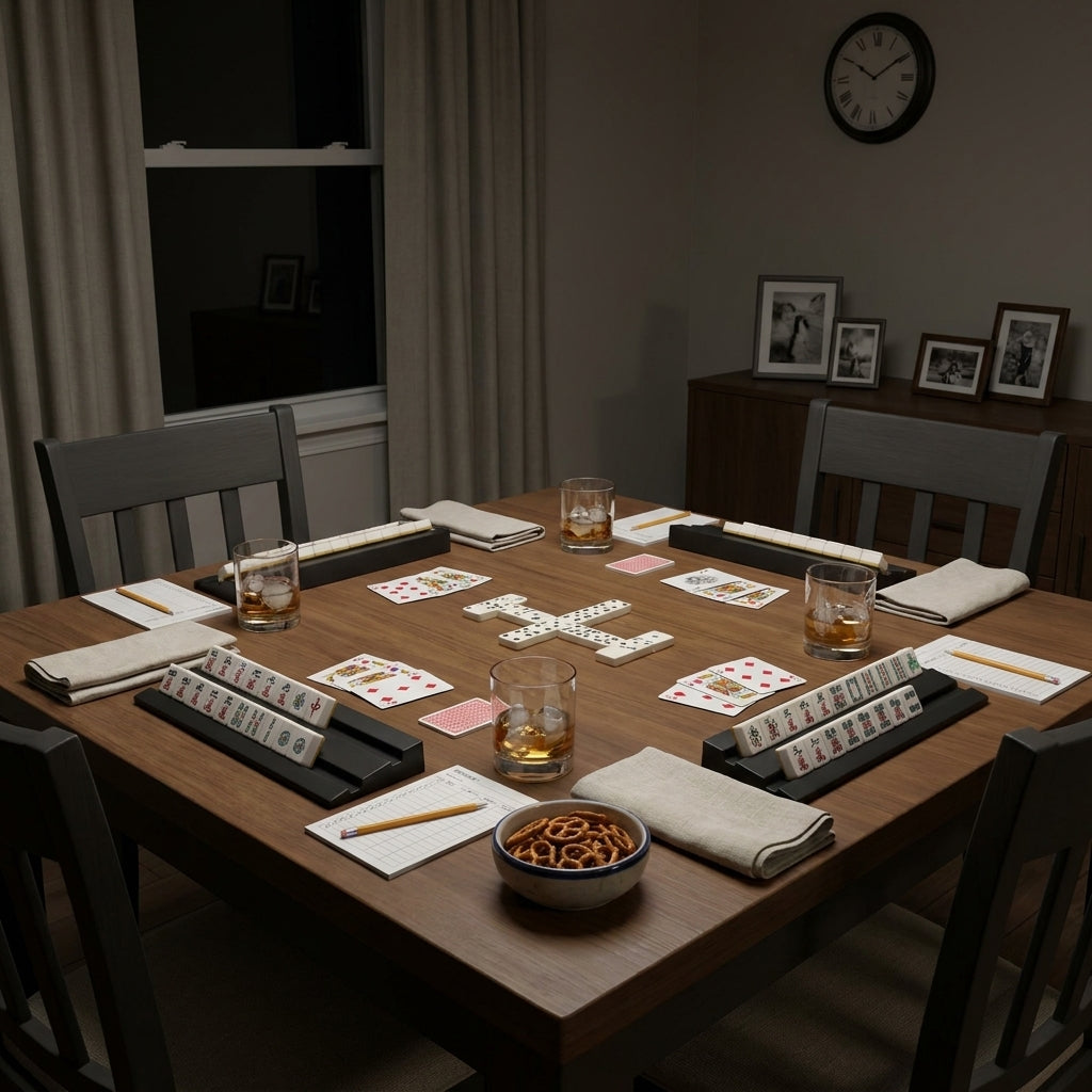 A game table set with Mahjong racks, cards, Dominoes, drinks, score pads, napkins, and snacks before adding a table lamp