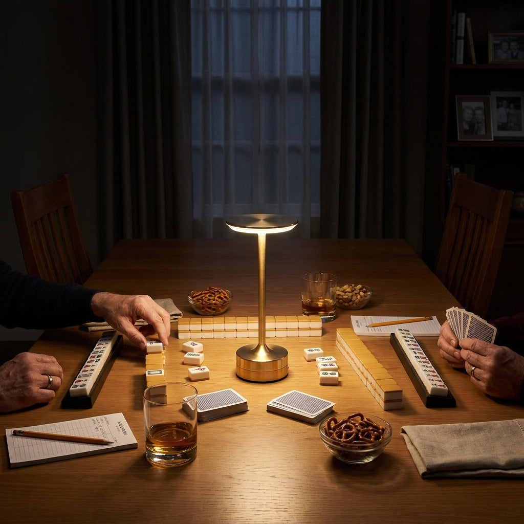 Older hands playing cards and Mahjong around a warm EMBAR lamp on a dining table at night