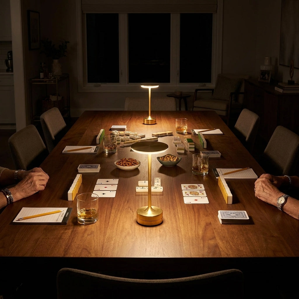 A long game night table with two gold EMBAR lamps, snacks, drinks, cards, Mahjong racks, and Dominoes