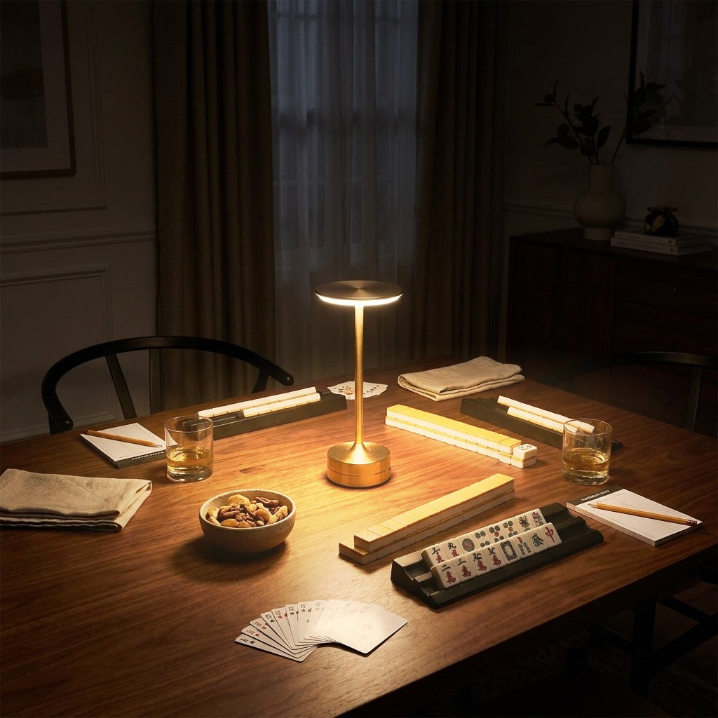 Warm game night table with an EMBAR lamp beside cards and tile games