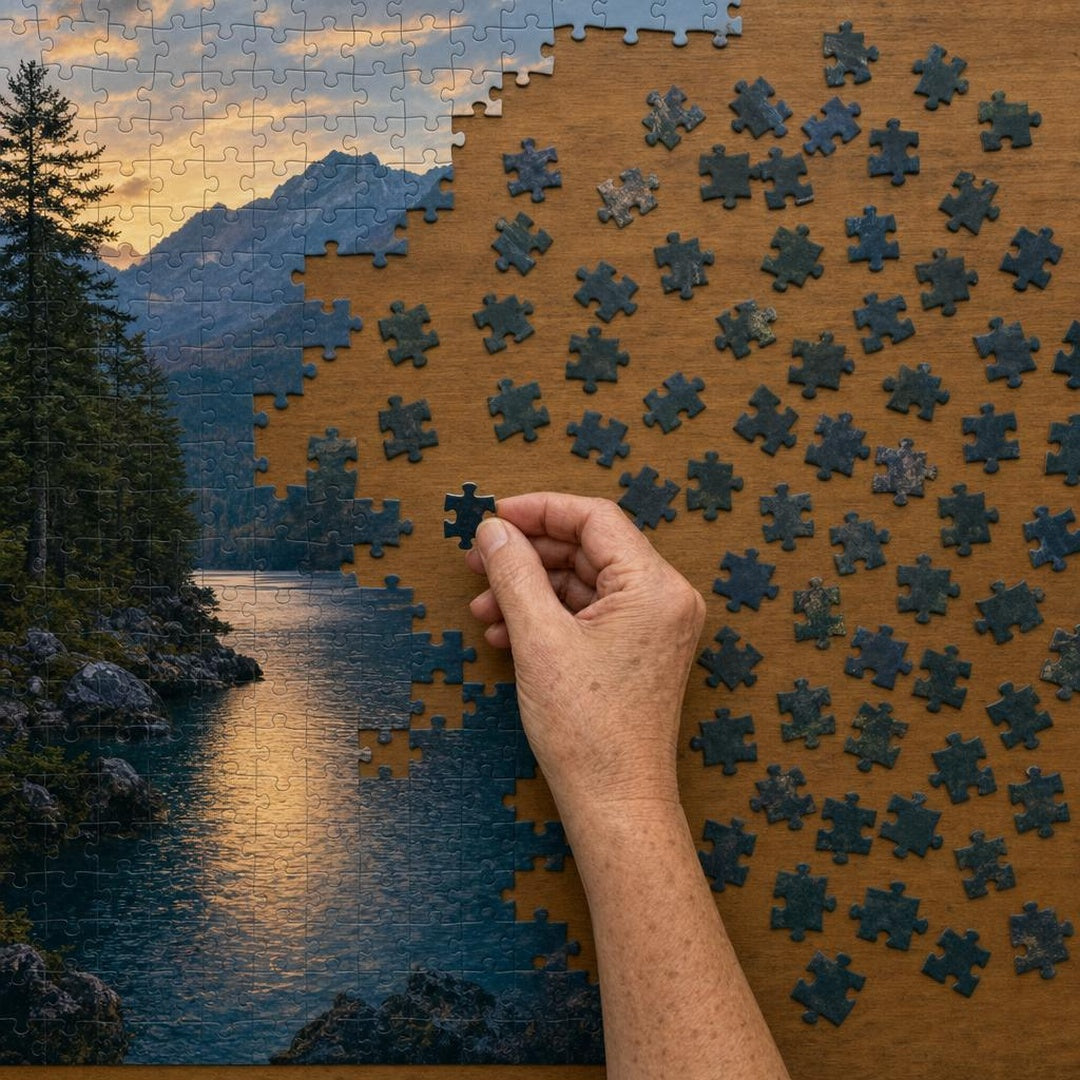 Mature puzzler holding a dark piece above an open spot beside many similar dark pieces