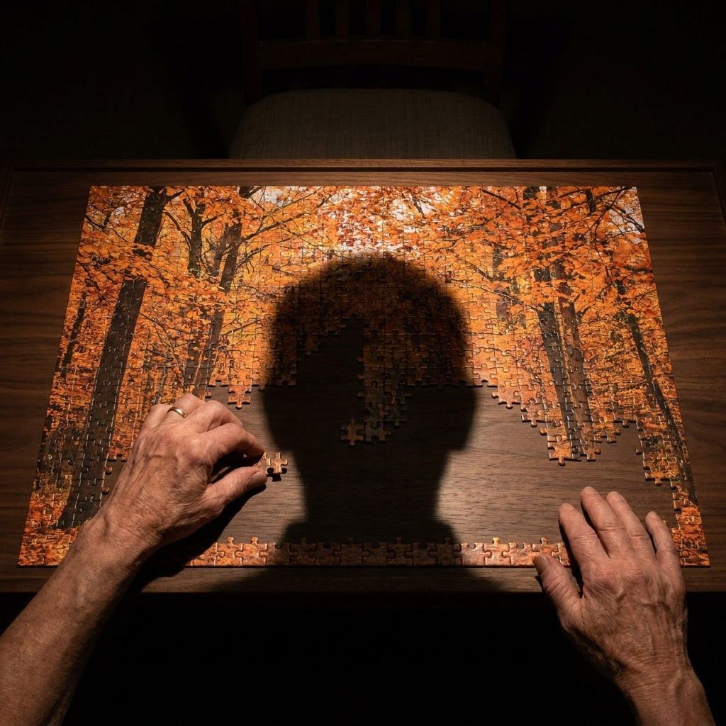 Hands over a dark puzzle section where the pieces are hard to see