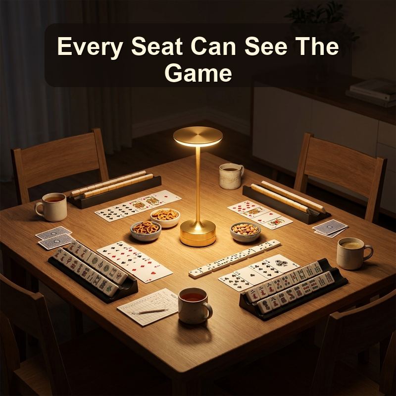 EMBAR gold cordless lamp lighting cards tiles and score sheets at the center of a game night table