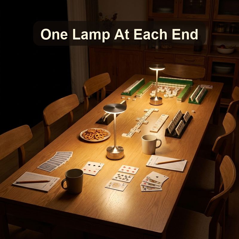 Two silver EMBAR lamps lighting a long game night table from table level