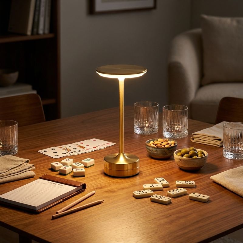 Gold EMBAR lamp centered on a hosted game night table with cards Mahjong tiles dominoes and snacks