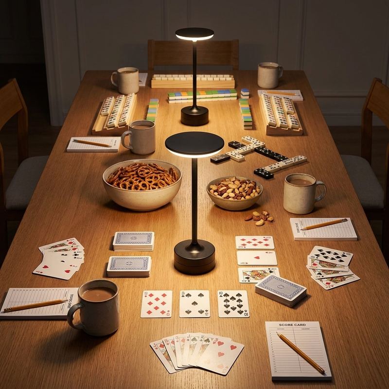 Two black EMBAR lamps lighting a long game table with cards tiles and score sheets