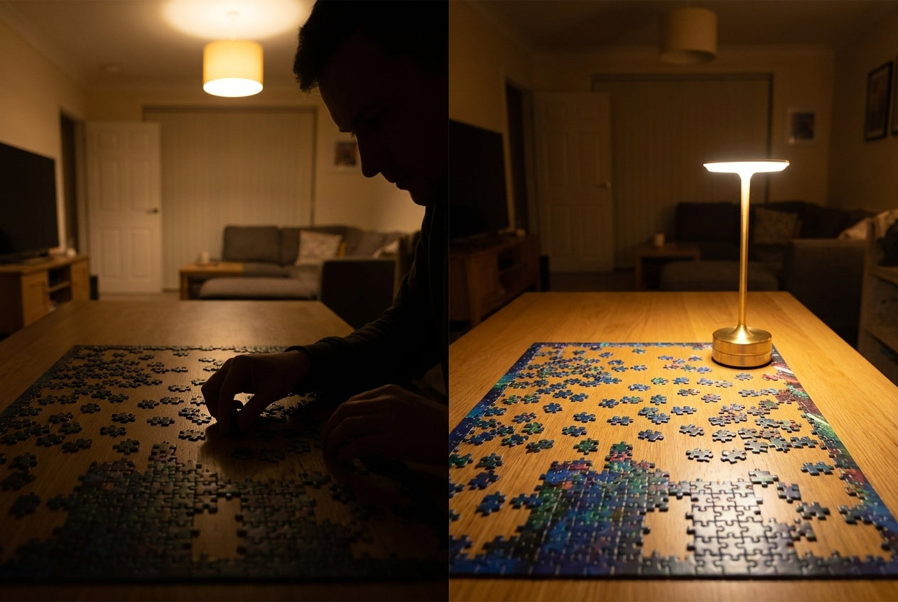 Overhead ceiling light casting a shadow on the puzzle versus a table-level lamp lighting every piece